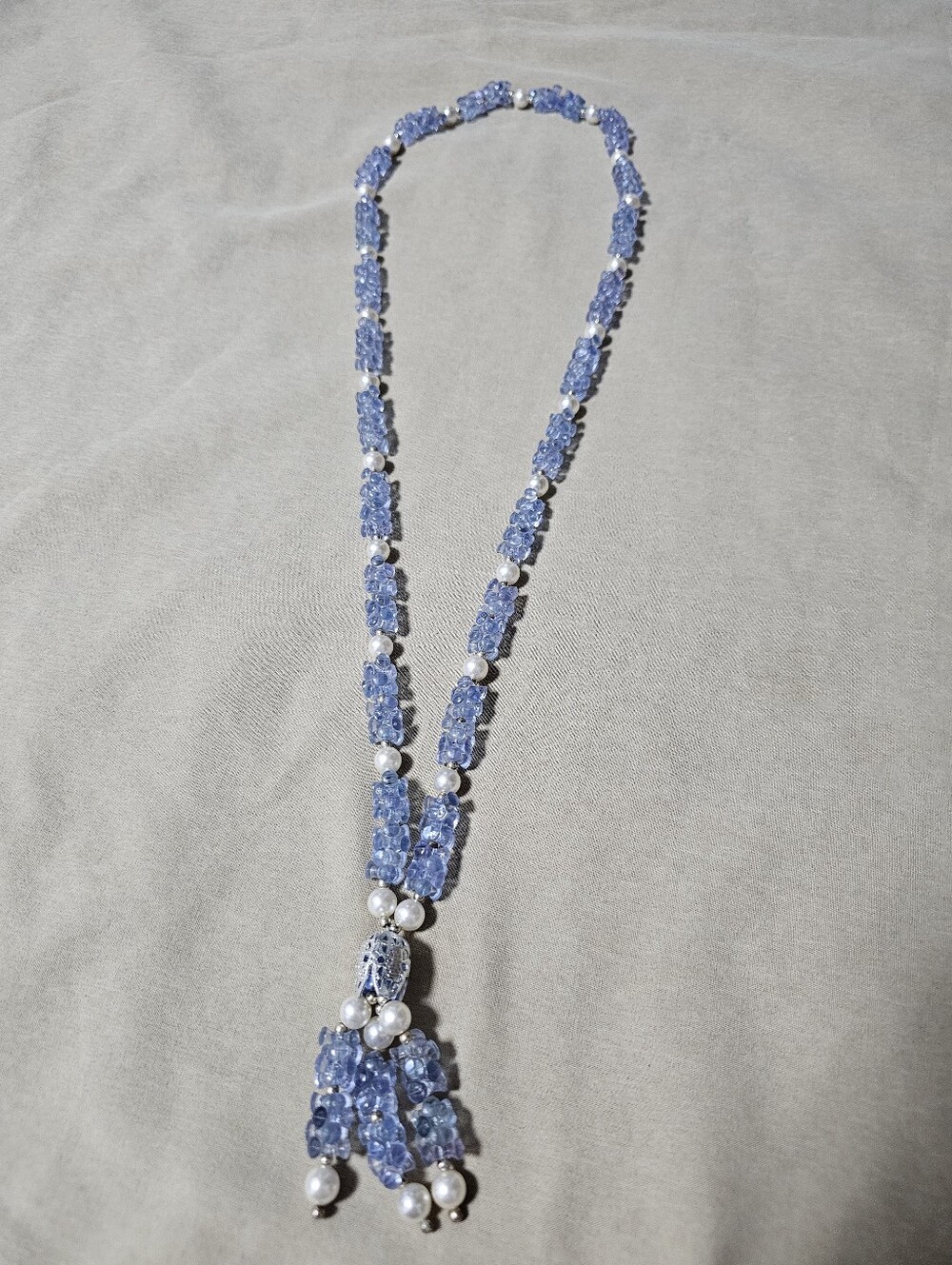 Vintage Blue Beaded and Pearl Tassel Necklace